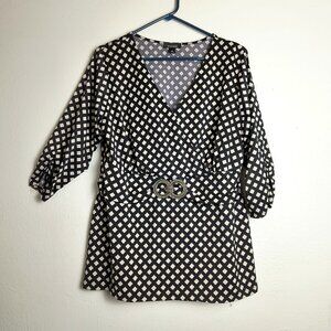 B.Design Vintage 1X Black Faux Wrap Blouse Buckle Ruched-Cuff